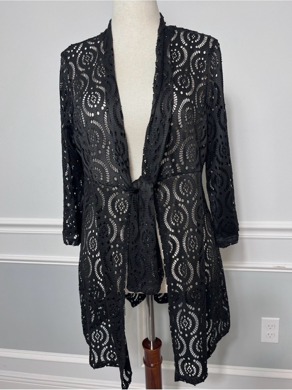 CATALINA 3Х Black Open Lace Swimsuit Beach-Pool-Cover Up-Tie-Knit Kimono-Sheer А